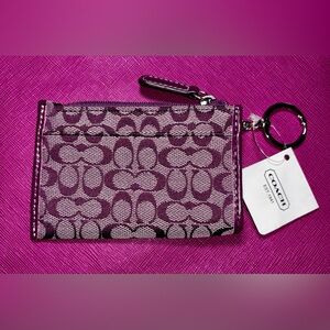 Coach NWT Logo Jacquard Card Holder Keychain Wallet Change Purse Purple Plum